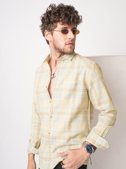Sunwashed Yellow Summer Linen Blend Grid Shirt