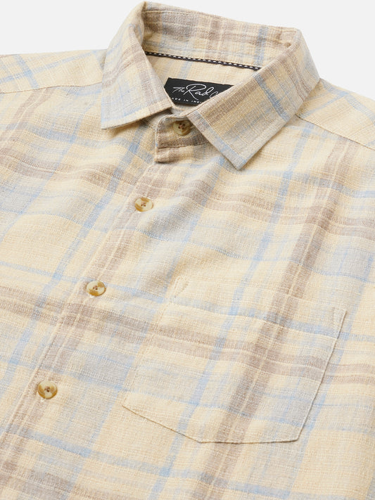 Sunwashed Yellow Summer Linen Blend Grid Shirt