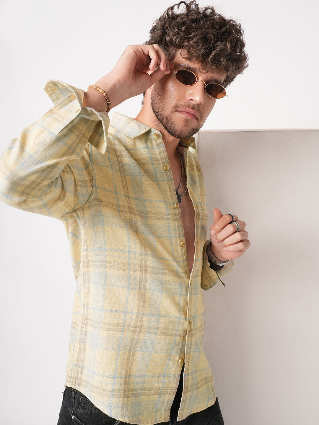 Sunwashed Yellow Summer Linen Blend Grid Shirt
