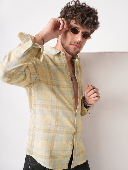 Sunwashed Yellow Summer Linen Blend Grid Shirt