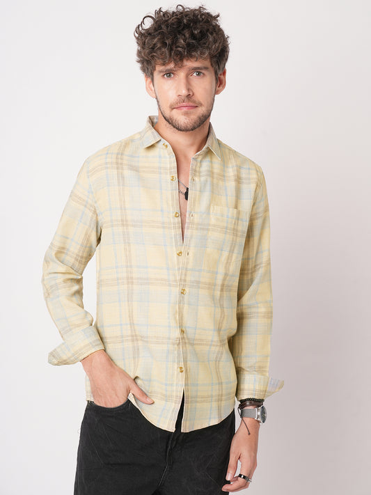 Sunwashed Yellow Summer Linen Blend Grid Shirt
