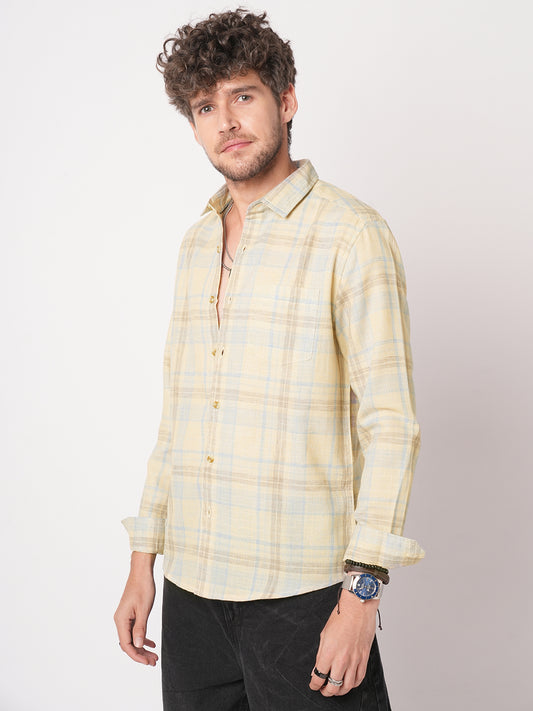 Sunwashed Yellow Summer Linen Blend Grid Shirt