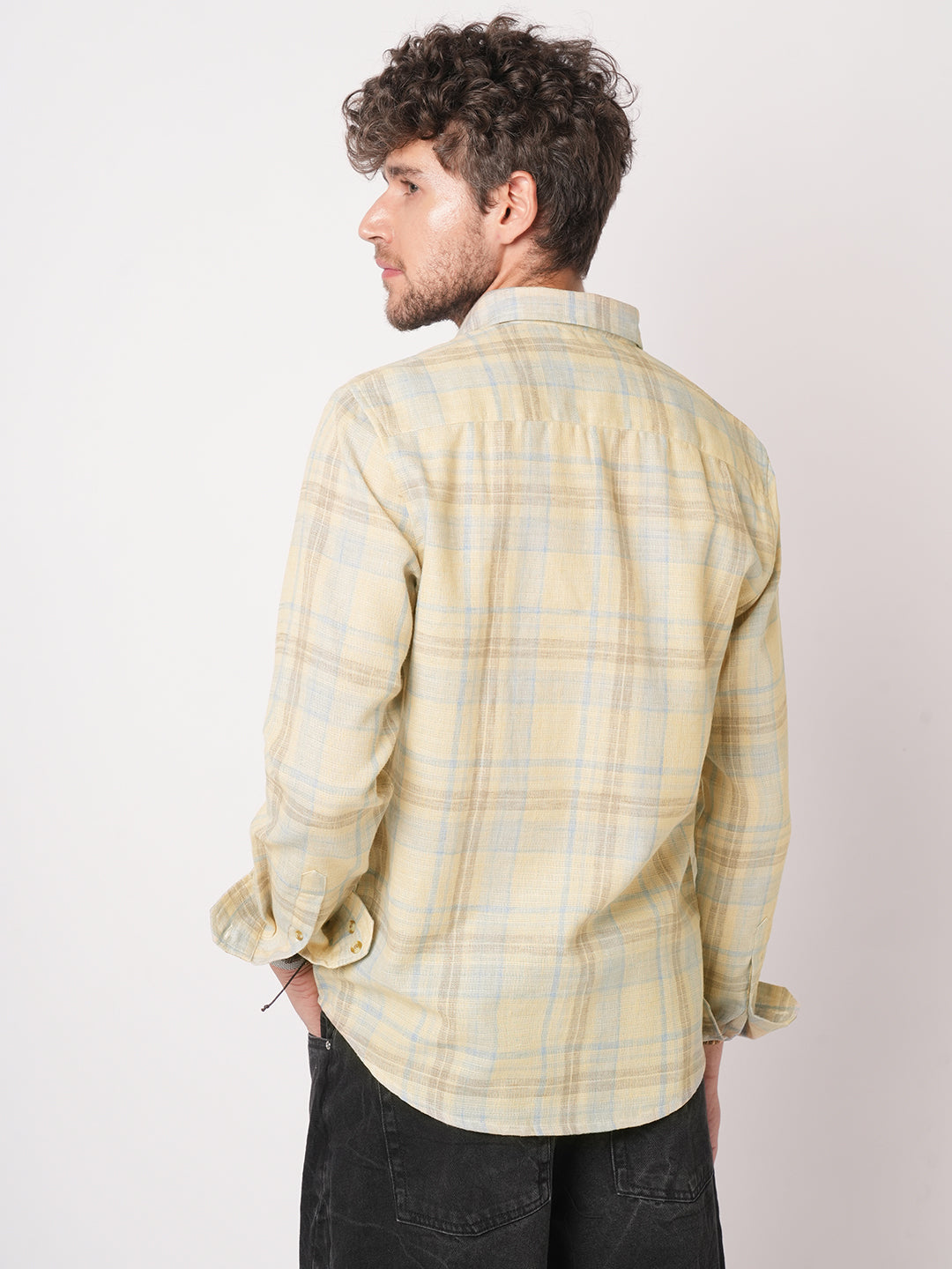 Sunwashed Yellow Summer Linen Blend Grid Shirt