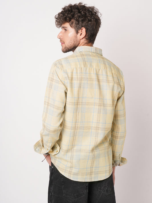 Sunwashed Yellow Summer Linen Blend Grid Shirt