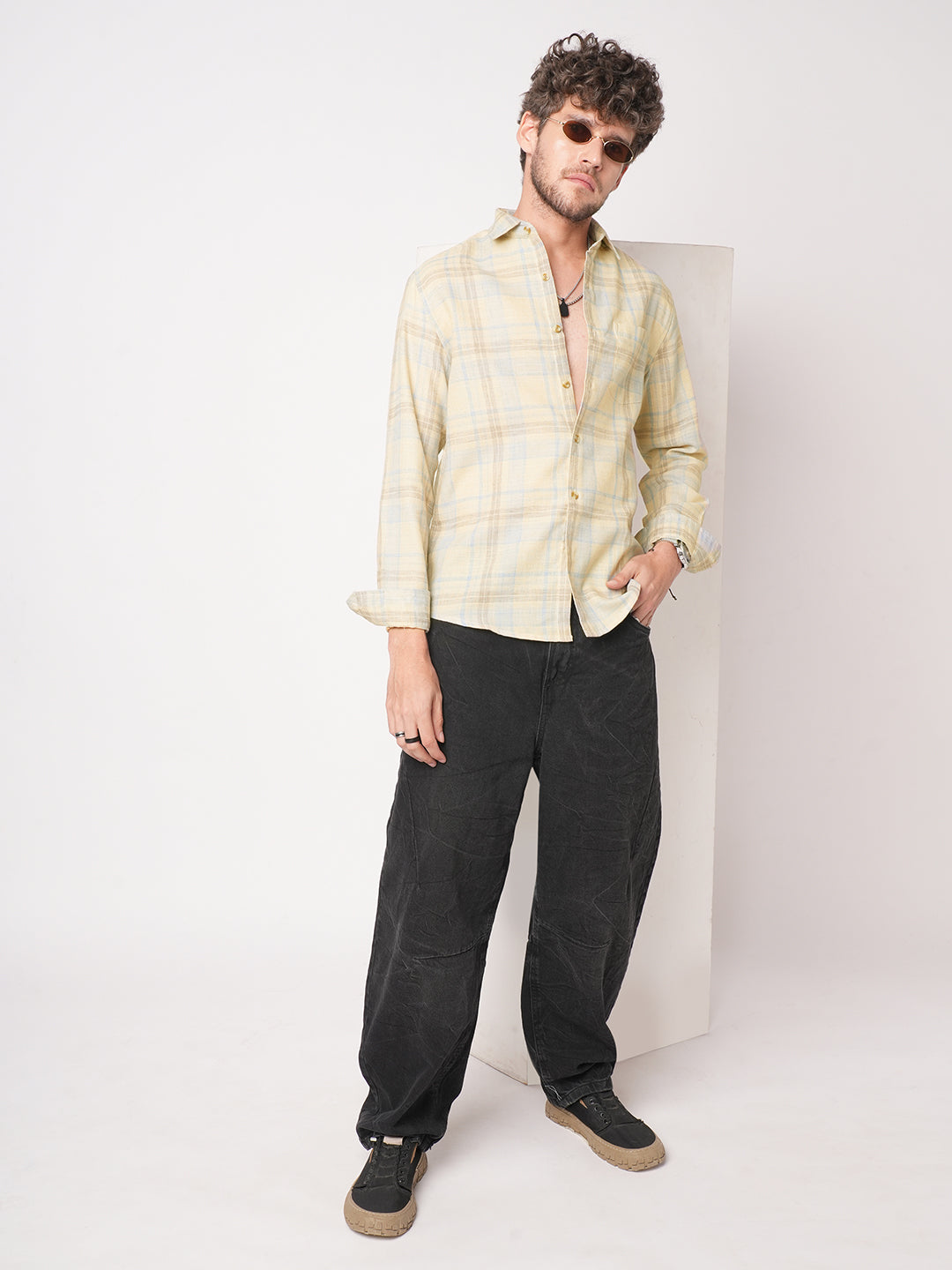 Sunwashed Yellow Summer Linen Blend Grid Shirt