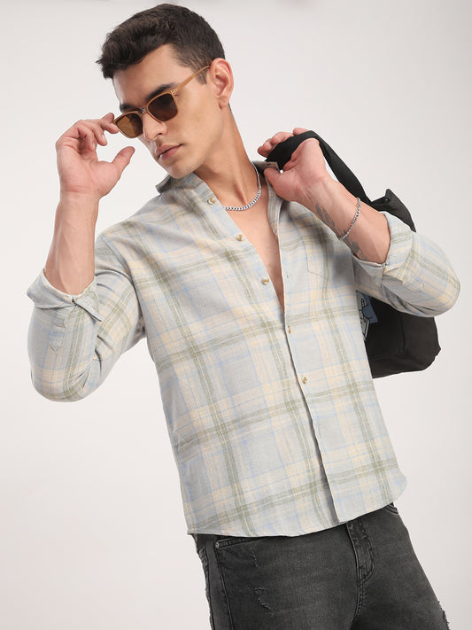 Muted Sky Multicolour Plaid Checks Linen Blend Shirt