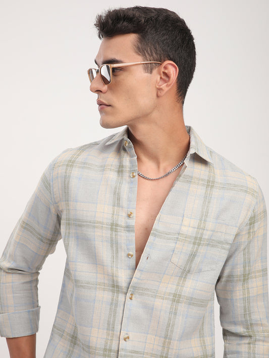 Muted Sky Multicolour Plaid Checks Linen Blend Shirt