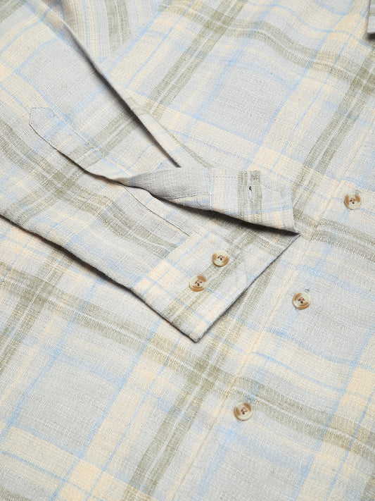 Muted Sky Multicolour Plaid Checks Linen Blend Shirt