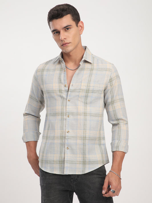 Muted Sky Multicolour Plaid Checks Linen Blend Shirt