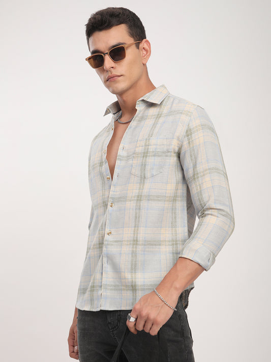 Muted Sky Multicolour Plaid Checks Linen Blend Shirt