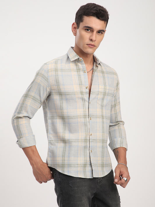 Muted Sky Multicolour Plaid Checks Linen Blend Shirt