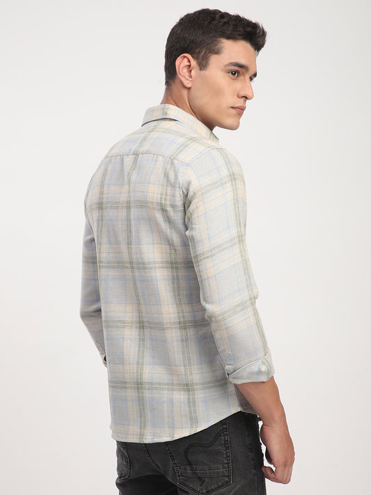 Muted Sky Multicolour Plaid Checks Linen Blend Shirt