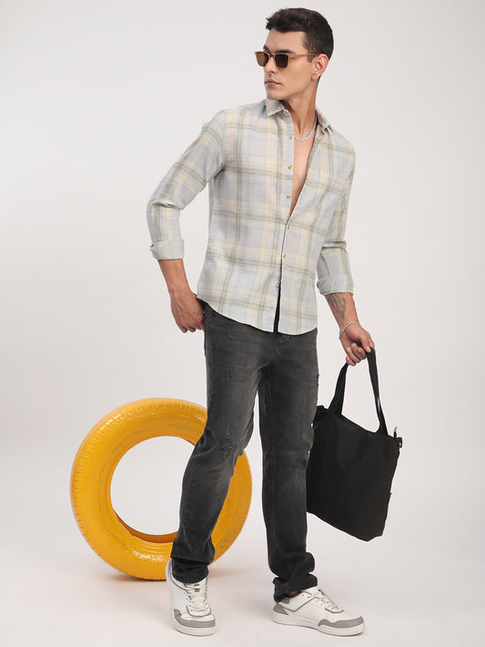 Muted Sky Multicolour Plaid Checks Linen Blend Shirt