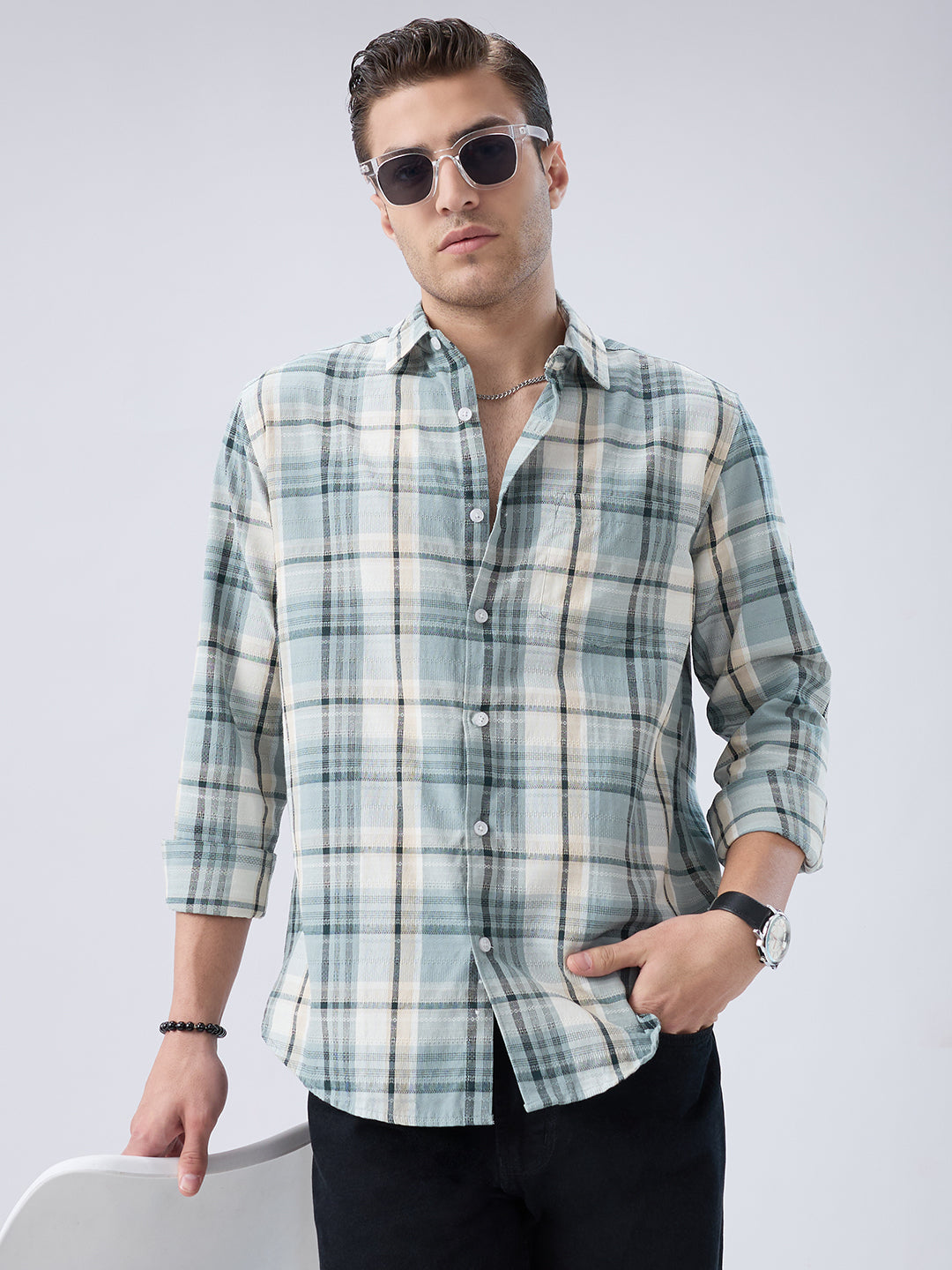 Turquoise Luxe Grid Checks Shirt