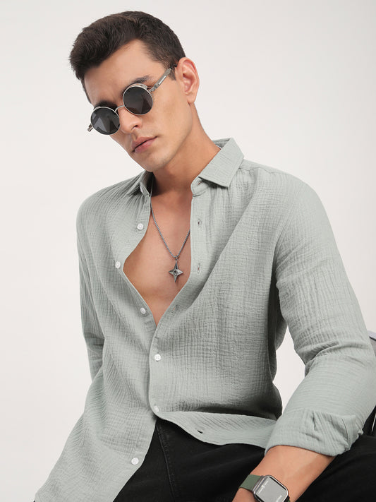Laurel Green Zephyr Double Cloth Crinkled Shirt