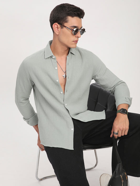 Laurel Green Zephyr Double Cloth Crinkled Shirt