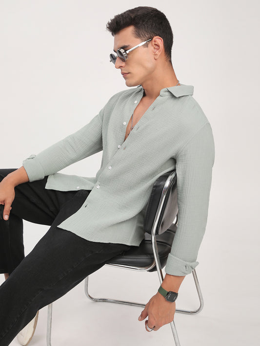 Laurel Green Zephyr Double Cloth Crinkled Shirt