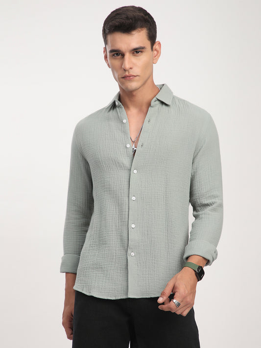Laurel Green Zephyr Double Cloth Crinkled Shirt