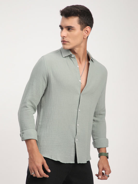 Laurel Green Zephyr Double Cloth Crinkled Shirt