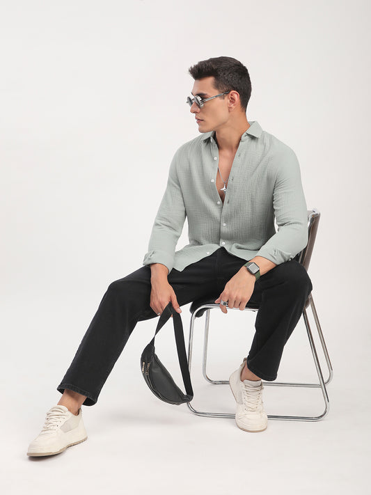Laurel Green Zephyr Double Cloth Crinkled Shirt