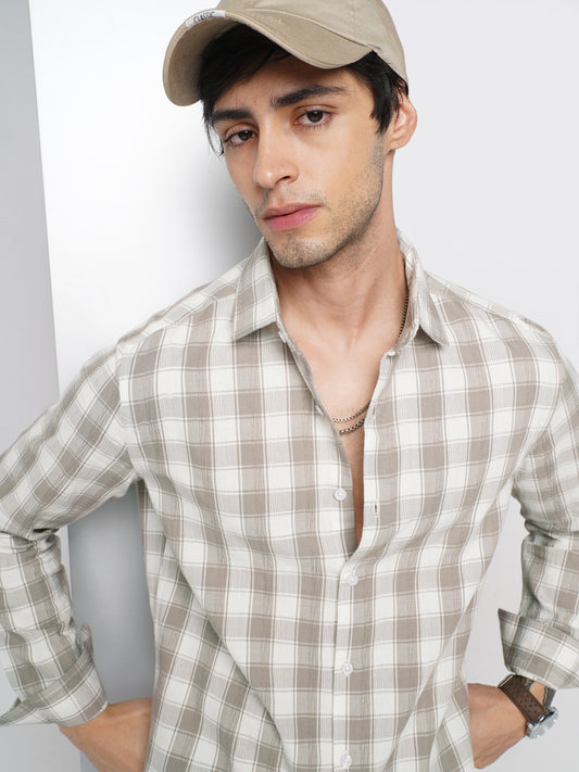 Neutral Sand Jacquard Checkered Shirt