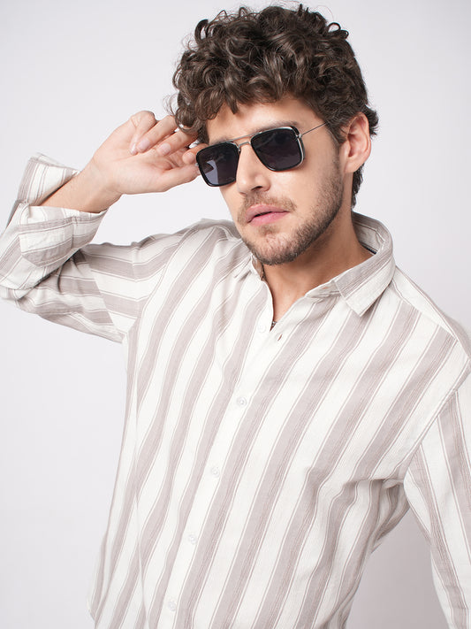White & Silk Grey Muted Striped Textured Shirt