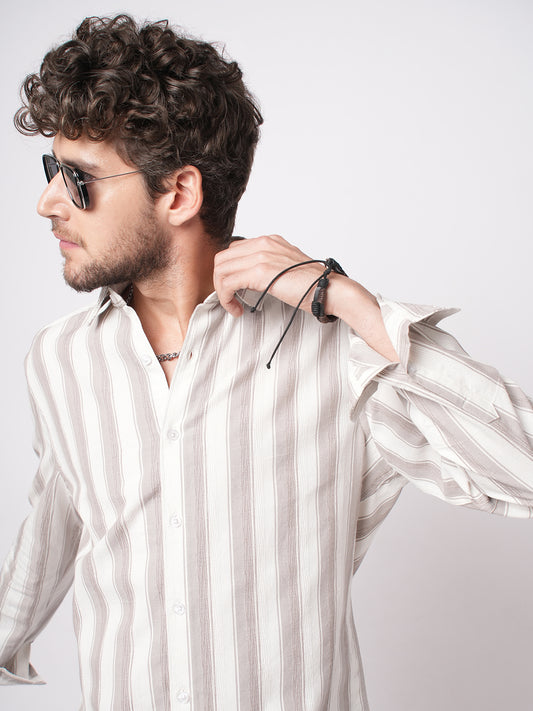 White & Silk Grey Muted Striped Textured Shirt