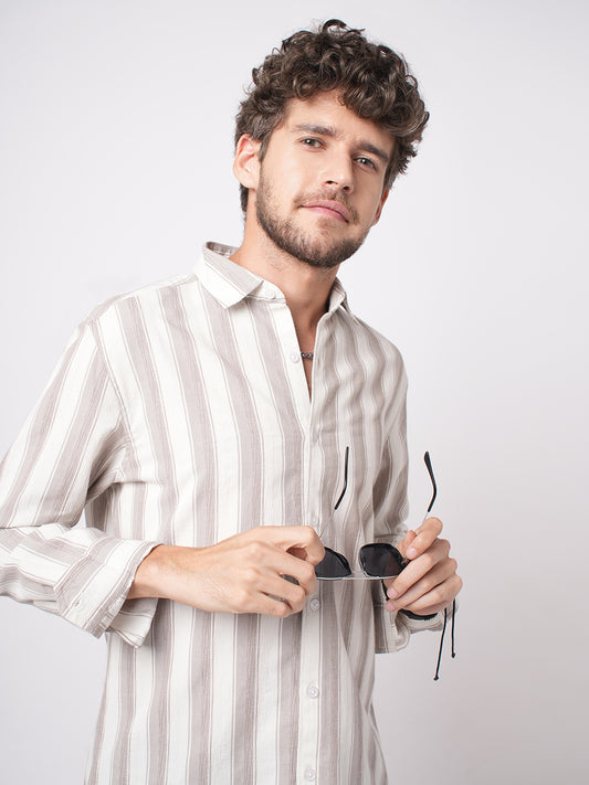 White & Silk Grey Muted Striped Textured Shirt