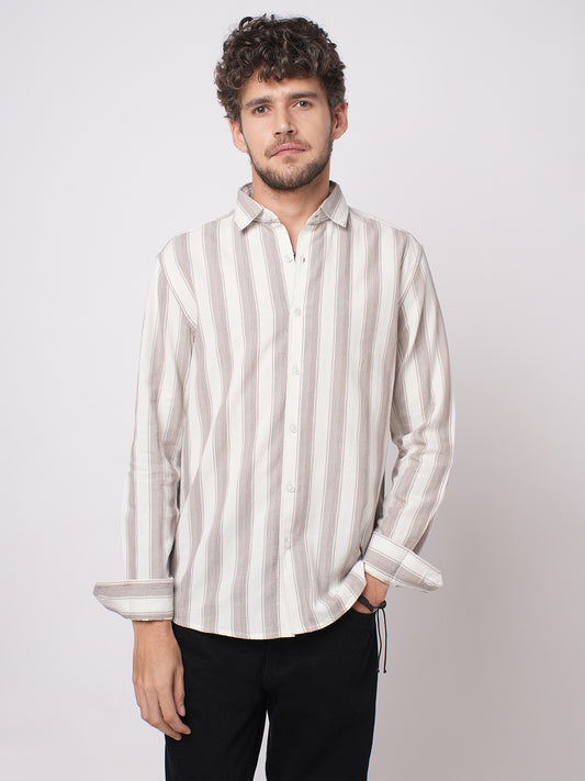White & Silk Grey Muted Striped Textured Shirt