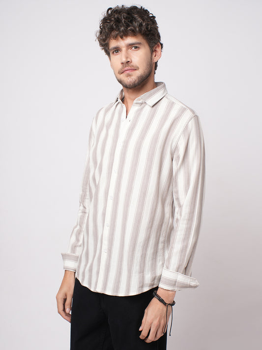 White & Silk Grey Muted Striped Textured Shirt