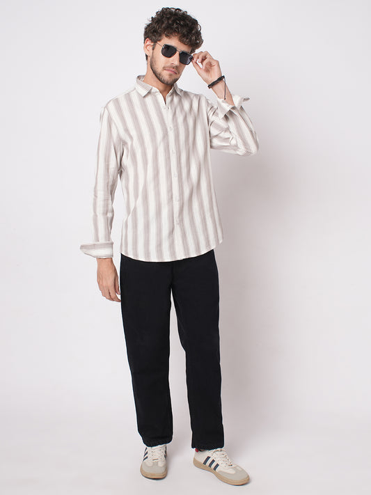 White & Silk Grey Muted Striped Textured Shirt