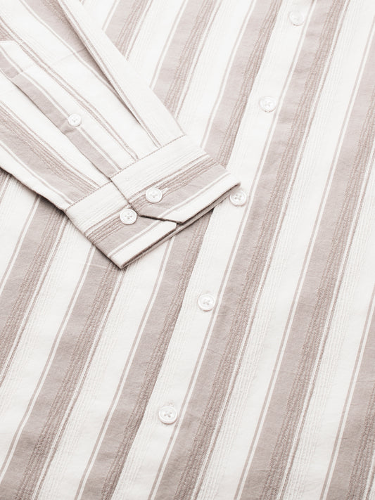 White & Silk Grey Muted Striped Textured Shirt