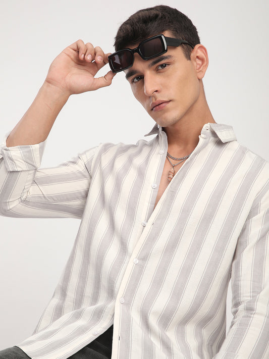 White & Frosted Grey Textured Striped Shirt