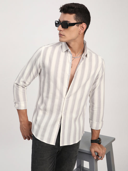 White & Frosted Grey Textured Striped Shirt
