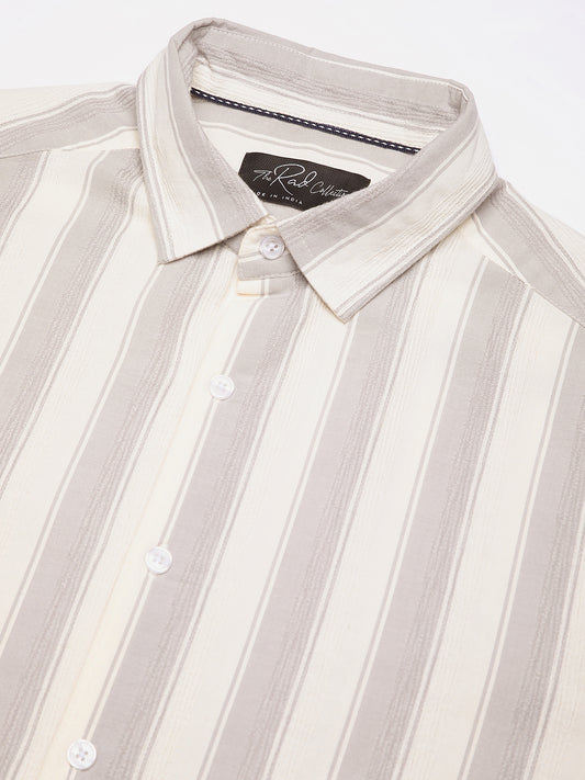 White & Frosted Grey Textured Striped Shirt