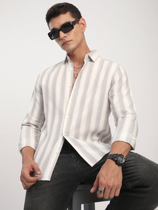 White & Frosted Grey Textured Striped Shirt