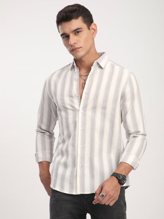 White & Frosted Grey Textured Striped Shirt