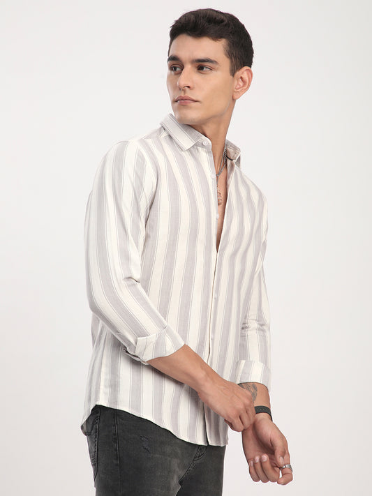White & Frosted Grey Textured Striped Shirt
