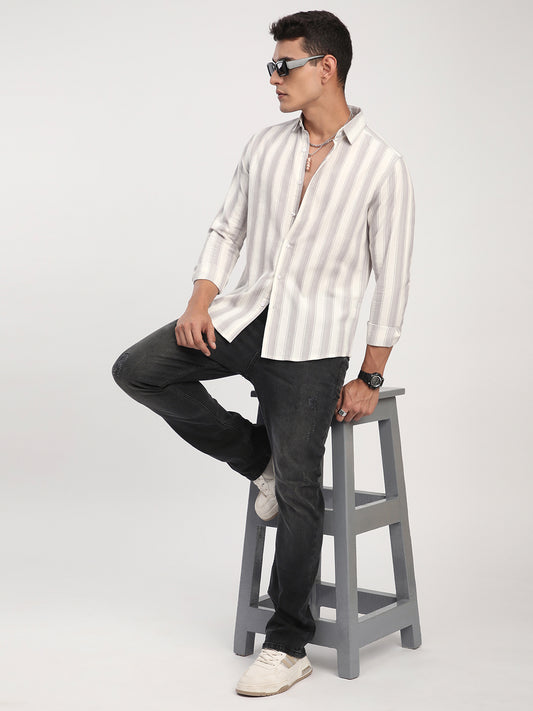 White & Frosted Grey Textured Striped Shirt