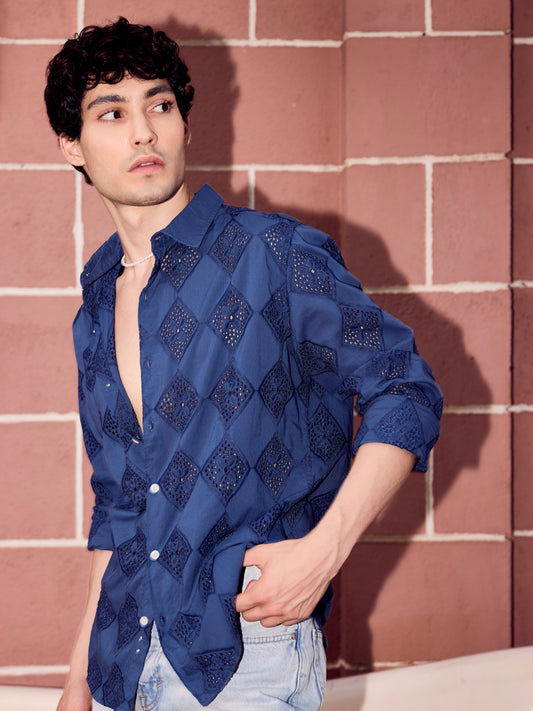 Aegean Blue Diamond Schiffli Shirt