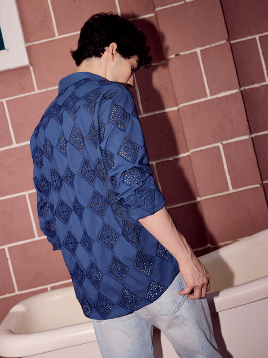 Aegean Blue Diamond Schiffli Shirt