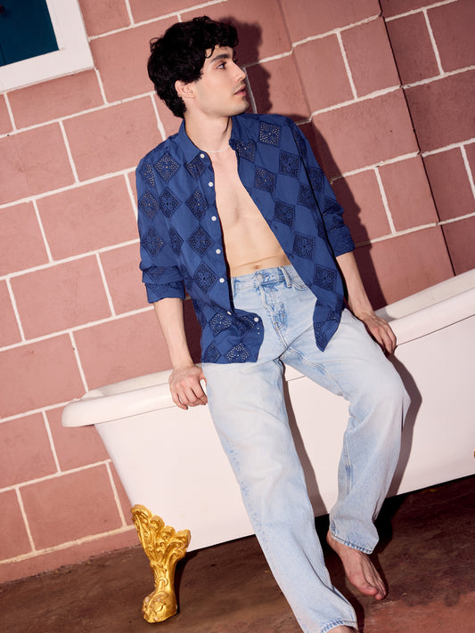 Aegean Blue Diamond Schiffli Shirt