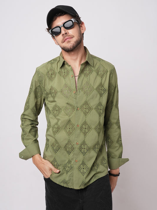 Olive Lozenge Schiffli Shirt