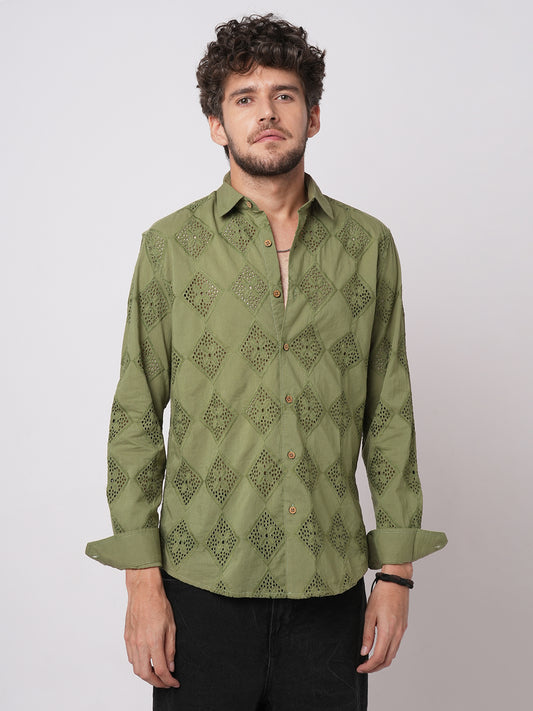 Olive Lozenge Schiffli Shirt