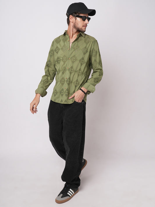 Olive Lozenge Schiffli Shirt