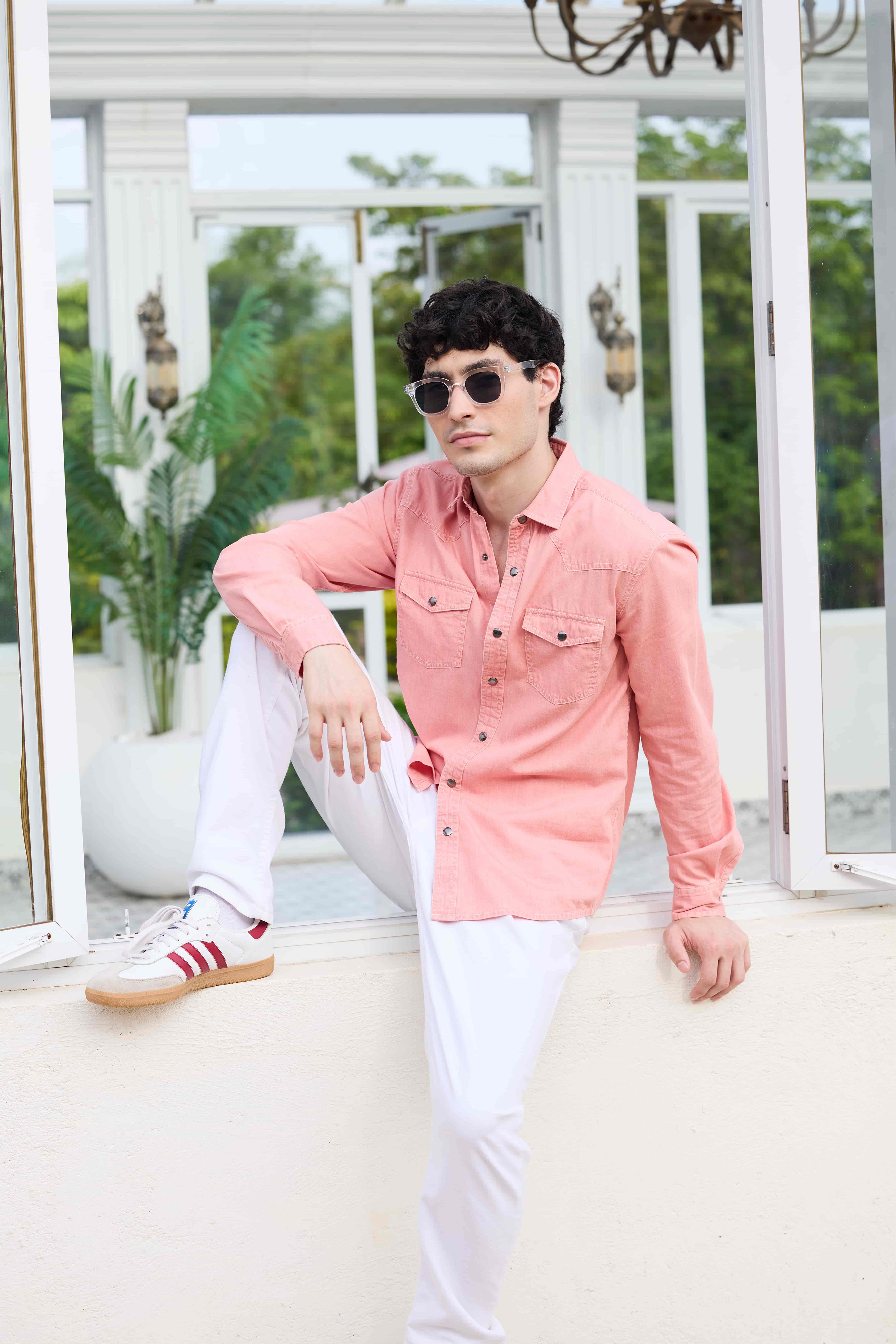 Sunbleach Peach Acid Wash Double Pocket Shirt