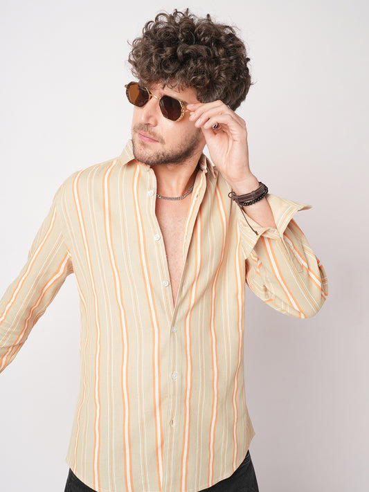 Sand Beige & Orange Striped Waffle Shirt