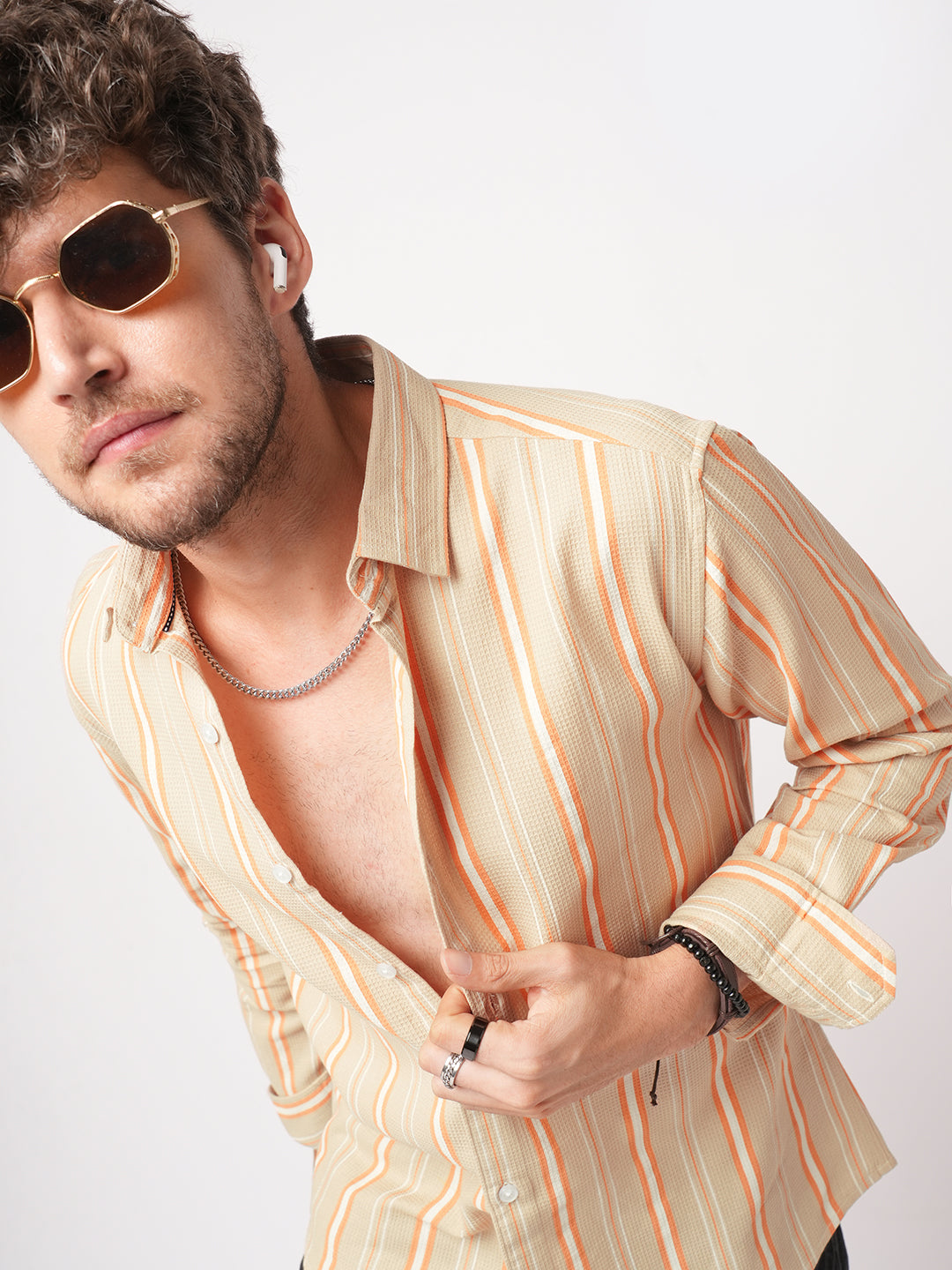Sand Beige & Orange Striped Waffle Shirt
