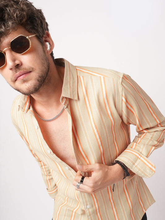 Sand Beige & Orange Striped Waffle Shirt