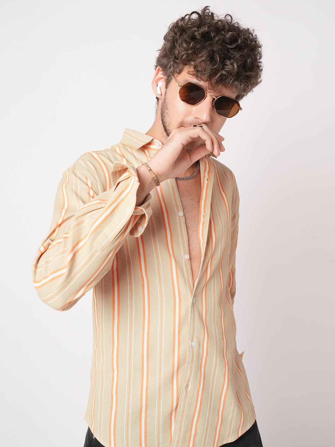 Sand Beige & Orange Striped Waffle Shirt